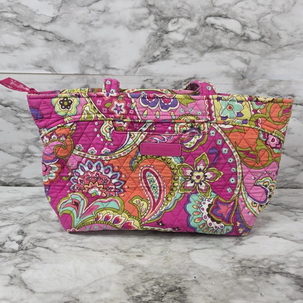 Vera Bradley tote bag retired "Pink Swirls" Paisley pattern Orange & Pink EUC